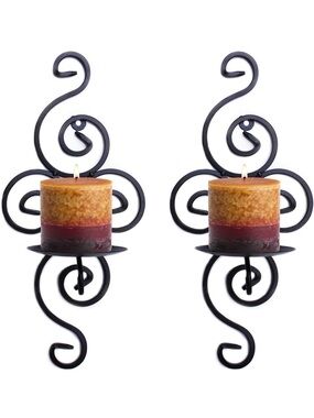 Beautiful Pair of Black Scroll Wall Sconces with Two-Tone Pillar Candles
